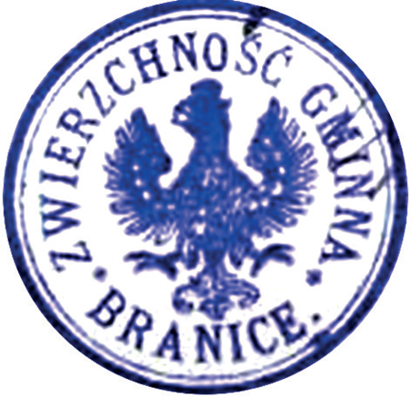 (1906)
Odciski pieczęci urzędowych Branic
z lat 1860, 1906, 1927 i 1949
(Archiwum Narodowe w Krakowie,
sygn. 29/456/195, nlb.; sygn. PUZKr 45,
s. 28; sygn. 29/205/69a, nlb.;
sygn. Gm. Ru. 13, s. 533)