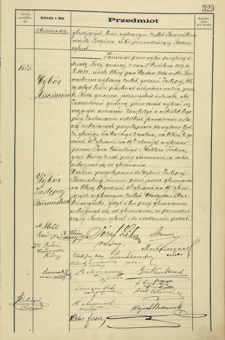 Z księgi uchwał rady gminnej miasta Podgórza obejmującej lata 1886–1896: przód oprawy oraz wpis
z 8 kwietnia 1889 roku dotyczący wyboru ówczesnego zastępcy burmistrza Wacława Adamskiego na urząd burmistrza oraz
wyboru pozostałych członków zwierzchności gminnej. W jednomyślnie dokonanym wyborze burmistrza udział wzięli między
innymi radni: Emil Serkowski (nr 14), były burmistrz, oraz Roman Klein (nr 16) i Franciszek Maryewski (nr 18), przyszli
burmistrzowie (Archiwum Narodowe w Krakowie, sygn. P 7, s. 328–329)