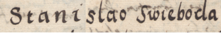 Z Liber inscriptionum… klasztoru oo. Augustianów w Kazimierzu: początkowy fragment dokonanego w roku 1681 wpisu
przywołującego wydany w 1427 roku dokument, w którym wójt i ławnicy kazimierscy potwierdzili,
że Tomasz czapnik wraz z żoną swój narożny dom ze słodownią, położony przy ul. Krakowskiej obok domu
Mikołaja Śliwosza (nr 81), sprzedaje Stanisławowi Swiebodzie i jego żonie Stachnie – oraz zbliżenie zapisu imienia
(Biblioteka Naukowa PAU/PAN, sygn. rkps 1676, s. 314v)