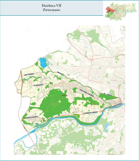 Dzielnica VII Zwierzyniec według stanu z 2017 r. na przywołanym wcześniej planie miasta z tego samego roku – dzielnica samorządowa
o powierzchni 28,73 km² (udział 8,79% w całej powierzchni miasta), położona na terenach historycznych jednostek katastralnych:
Zwierzyniec, Półwsie Zwierzynieckie, Przegorzały, Bielany, Wola Justowska, Chełm i Olszanica, fragmentem także Mydlniki
(vide plan na s. 239). Opis przebiegu granic tej dzielnicy podano na następnej stronie.