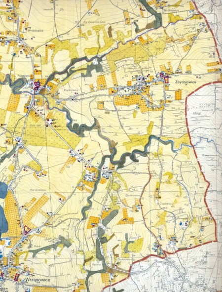 Z dokumentacji Biura Rozwoju Krakowa dotyczący wsi Zbydniowice fragment sporządzonej w 1968 roku
Inwentaryzacji bezpośredniej użytkowania terenu i budynków dla Gromady Swoszowice
(Archiwum Narodowe w Krakowie, sygn. 29/1405/2331)