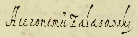 Z księgi radzieckiej obejmującej lata 1598–1601 fragment strony 9 z listą rajców urzędujących,
nominowanych na rok 1598, wśród których znajduje się Hieronim Zalaszowski – oraz powiększenie zapisu imienia
(Archiwum Państwowe w Krakowie, sygn. rkps 455, s. 9)