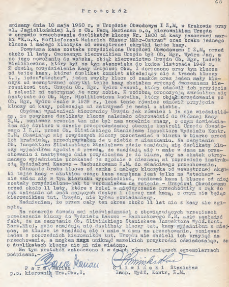 Z dokumentów Zarządu Miejskiego w Krakowie Akta kontroli miejskich urzędów
obwodowych w Krakowie 1946–1950 protokół dotyczący przechowywania kluczy
od kasy sporządzony w 1950 r. przy udziale p.o. kierownika Mariana Pary
(Archiwum Narodowe w Krakowie, sygn. 29-699-683, nlb)