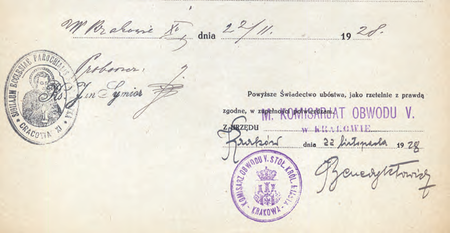 Z akt cmentarzy krakowskich fragment świadectwa ubóstwa z 1928 r. –
poświadczenie złożone przez komisarza Mariana Benedyktowicza
(Archiwum Narodowe w Krakowie, sygn. Cm 611, s. 285)