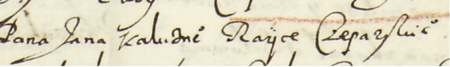 Z księgi wiertelniczej Krakowa obejmującej lata 1568–1606: fragment dokonanego w roku 1602 wpisu dotyczącego lustracji
spornego muru między posesjami obywatela kleparskiego Szymona Gąski i rajcy kleparskiego Jana Kałużnego –
zbliżenie zapisu imienia i urzędu (Archiwum Narodowe w Krakowie, sygn. rkps 1377, s. 715)