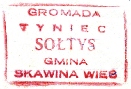 (1949)
Odciski pieczęci urzędowych Tyńca z lat
1820, 1847, 1927 i 1949
(CPAHU we Lwowie, sygn. fond 20, opis 1,
sprawa 264; Archiwum Narodowe w Krakowie,
sygn. WM 563a, nlb.;
sygn. PUZKr 59, nlb.; sygn. Gm. Skw. 23, s. 495)