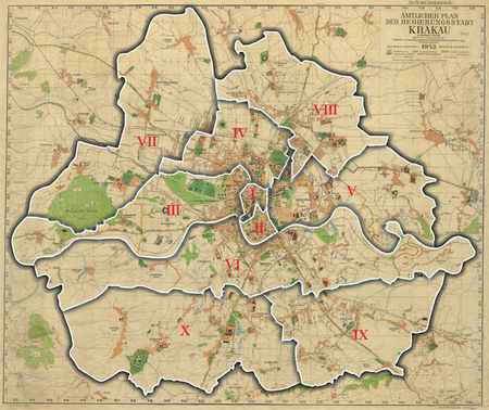 Podział Krakowa na 10 obwodów według stanu z roku 1941, po włączeniu do granic miasta sąsiednich gmin –
na niemieckojęzycznym planie miasta wydanym w 1943 r. Podstawa rysunku granic obwodów: vide s. 186
(Biblioteka Jagiellońska, sygn. M 41/96)