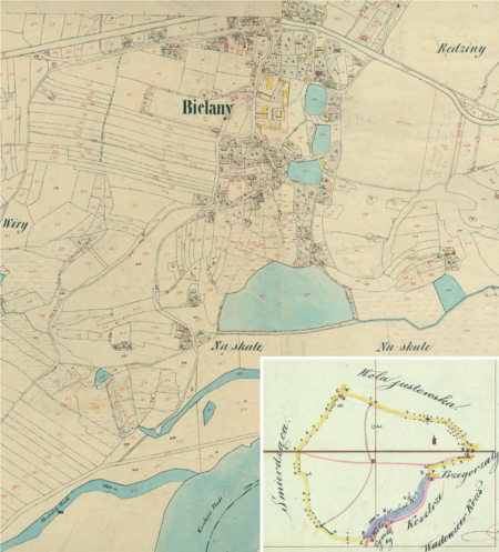 Fragment centrum Bielan na mapie katastralnej sporządzonej dla gminy katastralnej Bielany w 1850 roku oraz pochodzący
z lat 1847–1848 plan sytuacyjny z wyrysowanymi granicami gminy Bielany i lokalizacją gmin sąsiadujących
(Archiwum Narodowe w Krakowie, sygn. K. Krak. 19 II, III; sygn. WM 562, s. 219)