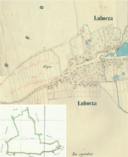 Centrum Luboczy na mapie katastralnej sporządzonej dla gminy katastralnej Lubocza w 1850 roku oraz
pochodzący z lat 1847–1848 plan sytuacyjny z wyrysowanymi granicami tej gminy i lokalizacją gmin sąsiadujących
(Archiwum Narodowe w Krakowie, sygn. K. Krak. 321; sygn. WM 562, nlb.)