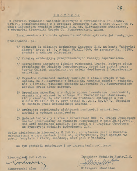 Z magistrackich Akt kontroli miejskich urzędów obwodowych w Krakowie 1946–1950
protokół pokontrolny sporządzony w 1950 r. z udziałem kierownika Adama Komarzewskiego
(Archiwum Narodowe w Krakowie, sygn. 29-699-683, nlb)