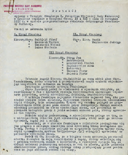 Z akt prezydialnych protokół z 1952 r. dokumentujący udział kierownika Stefana Guzika na szkoleniu
ideologiczno-propagandowym organizowanym cyklicznie dla personelu m.in. urzędów obwodowych
(Archiwum Narodowe w Krakowie, sygn. 29-701-1425, nlb)