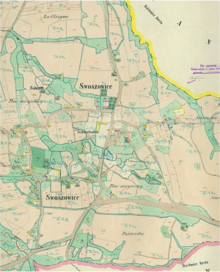 Centrum Swoszowic na mapie katastralnej sporządzonej dla gminy katastralnej Swoszowice w 1848 roku
(Archiwum Narodowe w Krakowie, sygn. K. Krak. 606 II, IV)