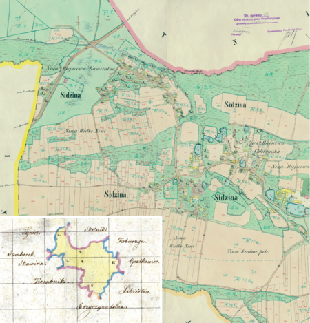 Centralny fragment Sidziny na mapie katastralnej sporządzonej dla gminy katastralnej Sidzina w 1850 roku oraz pochodzący
z 1845 roku plan sytuacyjny z wyrysowanymi granicami gminy Sidzina oraz lokalizacją gmin sąsiadujących
(Archiwum Narodowe w Krakowie, sygn. K. Krak. 565 I–IV; sygn. 29/280/1445, k. 1)