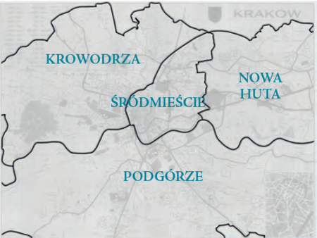 Plan konturowy podziału na dzielnice w latach 1973–1991
na podkładzie planu miasta
przedstawionego w pełnym kształcie na s. 717