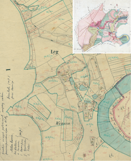 Fragment Łęgu na mapie katastralnej sporządzonej dla gminy katastralnej Łęg w 1850 roku oraz
pochodzący z 1835 roku plan wsi Czyżyny i Łęg wraz z lokalizacją wsi sąsiadujących
(Archiwum Narodowe w Krakowie, sygn. K. Krak. 128 IV; sygn. 29/200/137)