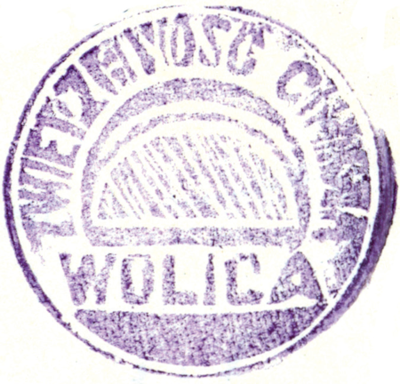 (1926)
Odciski pieczęci urzędowych Wolicy z lat
1861, 1926 i 1938
(Archiwum Narodowe w Krakowie,
sygn. 29/456/210, nlb.;
sygn. 29/286/61, nlb.; sygn. 29/1023/31, nlb.)