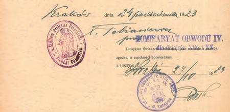 Z akt Starostwa Grodzkiego Krakowskiego Świadectwa moralności i niekaralności 1923–1936
fragment świadectwa ubóstwa wystawionego w 1923 r., na którym widnieje poświadczenie
sygnowane przez komisarza Mariana Parę
(Archiwum Narodowe w Krakowie, sygn. StGKr 545, nlb)