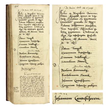 Z księgi radzieckiej obejmującej lata 1542–1545 strona 406 z wykazem rajców urzędujących nominowanych
na rok 1544, wśród których znajduje się Jan Kluczowski – oraz powiększenie zapisu imienia i konwisarskiej profesji
(Archiwum Państwowe w Krakowie, sygn. rkps 438, s. 406)