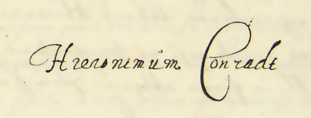 Z księgi radzieckiej obejmującej lata 1608–1611 fragment strony 298 z wykazem rajców urzędujących
wybranych na rok 1609, wśród których znajduje się Hieronim Konrad powołany na miejsce zmarłego Julia del Pace (nr 433)
– oraz powiększenie zapisu imienia (Archiwum Państwowe w Krakowie, sygn. rkps 457, s. 298)