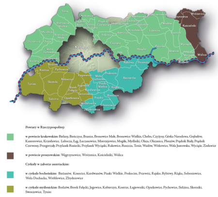Na planie obrazującym dzisiejsze granice Krakowa miejscowości przyłączone do Krakowa po 1915 roku, oznaczone kolorami określającymi
ich przynależność do powiatów w I Rzeczypospolitej oraz cyrkułów na terenach pod zaborem austriackim w latach 1782–1795
