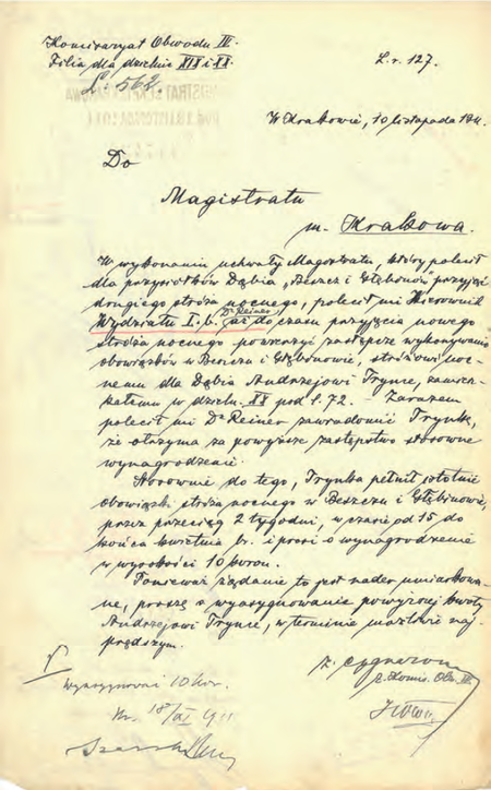 Z akt magistrackich Stróże nocni w dzielnicach przyłączonych 1910–1921 dokument pochodzący
z roku 1911 – wystąpienie zastępcy komisarza Zygmunta Cygnarowicza w sprawie wypłacenia
należności stróżowi nocnemu za jego zastępcze stróżowanie na dodatkowym obszarze
(Archiwum Narodowe w Krakowie, sygn. Kr 6800, nlb)