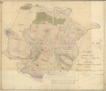 Mapa wsi Bieżanów z Kaimem i Łazami sporządzona przez inżyniera Fiedera w 1784 roku, w dwa lata po przejściu dóbr bieżanowskich,
do tej pory będących własnością kościelną, na rzecz Funduszu Religijnego powołanego przez Austriaków dla finansowania szkolnictwa, szpitali
i nowych parafii; na mapce kolorami zaznaczono własność niektórych gruntów, budynki, lasy, łąki i pastwiska oraz drogi i wody
(Archiwum Narodowe w Krakowie, sygn. Zb. Kart. IV-1)