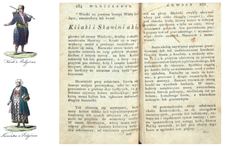 O mieszkańcach lewo- i prawobrzeżnych wiosek podkrakowskich z wydanego w 1822 roku w Krakowie
Historycznego opisu Krakowa i jego okolic pióra Ambrożego Grabowskiego,
z rycinami Michała Stachowicza, z których tutaj: krakowiak, zamężna krakowianka, kijak i zamężna kijaczka