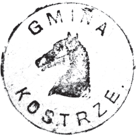 (1886)
Odciski pieczęci urzędowych Kostrza
z lat 1820 i 1886, Koła Tynieckiego
z 1843 roku (wówczas samodzielnego
administracyjnie) oraz odcisk pieczęci
z 1847 roku dominium tynieckiego obejmującego
także Kostrze i Koło Tynieckie
(CPAHU we Lwowie, sygn. fond 20, opis 1,
sprawa 264; Archiwum Opactwa Benedyktynów
w Tyńcu, sygn. 5/2/4/10; Archiwum
Narodowe w Krakowie, sygn. K. Krak.
op. 68, s. 14; sygn. WM 563a, nlb.)