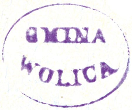 (1861)
Odciski pieczęci urzędowych Wolicy z lat
1861, 1926 i 1938
(Archiwum Narodowe w Krakowie,
sygn. 29/456/210, nlb.;
sygn. 29/286/61, nlb.; sygn. 29/1023/31, nlb.)