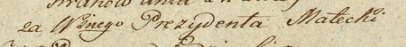 Z akt magistratu miasta Krakowa 1796–1816 fragment strony 229 z odpowiedzią udzieloną 21 lutego 1816 roku
przez p.o. prezydenta Józefa Mateckiego na podanie w sprawie wypłaty należnych diet oraz przyszłego zatrudnienia
w magistracie; obie sprawy odesłano do organizującego się Senatu Rządzącego – oraz powiększenie nazwiska i urzędu
(Archiwum Państwowe w Krakowie, sygn. Mag. I 176, s 229)