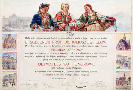 Dyplom potwierdzający tytuł honorowego obywatela miasta Podgórza nadany przez Radę Miejską Podgórza
17 marca 1914 roku prezydentowi Krakowa Juliuszowi LEO (nr 2276). Przedstawiany dyplom malarsko ozdobił
Wincenty Wodzinowski, wręczono go 7 czerwca 2015 roku w siedzibie uhonorowanego w Pałacu Larischa w Krakowie.
Tytuły honorowego obywatela miasta Podgórza zrównano uchwałą Rady Miasta Krakowa z 2015 roku,
w 100-lecie połączenia miast Krakowa i Podgórza, z krakowskim honorowym obywatelstwem.