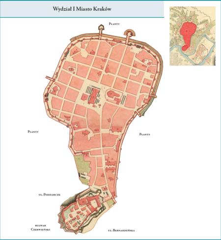 Wydział I Miasto Kraków według stanu z roku 1794 na przywołanym wcześniej planie miasta z 1794 r. Obejmował on
tzw. „miasto w obrębie murów”, to jest w granicach dzisiejszych Plant (ściślej: linii dawnych murów), wraz ze wzgórzem wawelskim
i Zamkiem. Użyte przy powyższym planie dzielnicy nazwy terenowe podano według nazewnictwa obowiązującego aktualnie.