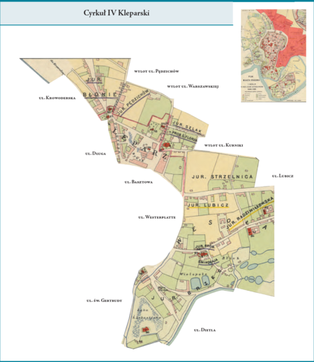 Cyrkuł IV Kleparski według stanu z roku 1792 na przywołanym wcześniej planie miasta zrekonstruowanym w 1926 r. Pierwszym
ośrodkiem tej dzielnicy było samodzielne do tej pory miasto Kleparz z przyległymi od strony północnej i północno-wschodniej dawnymi
jurydykami. Drugim ośrodkiem były dawne, teraz przyłączone do Krakowa, jurydyki położone po wschodniej części miasta, z d. jurydyką
Wesoła, od której z czasem cały ten teren przyjmie swoją przedmiejską nazwę.
Użyte przy powyższym planie dzielnicy nazwy terenowe podano według nazewnictwa obowiązującego aktualnie.
