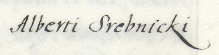 Z urzędowego spisu rajców obejmującego lata 1363–1802 fragment strony 44 z wpisem z 1712 roku o wyborze
do rady miejskiej nowego rajcy, Józefa Zaleskiego (nr 584), jak zapisano: „po śmierci wielce zasłużonego dla miasta, szlachetnego
Wojciecha Srebrnickiego, który dożył czcigodnego wieku i całym swoim życiem służył ojczyźnie” – oraz powiększenie zapisu imienia
(Archiwum Państwowe w Krakowie, sygn. rkps 1477, s. 44)