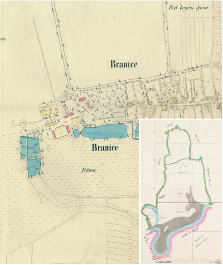 Fragment Branic na mapie katastralnej sporządzonej dla gminy katastralnej Branice w 1850 roku oraz pochodzący
z lat 1847–1848 plan sytuacyjny z wyrysowanymi granicami gminy Branice i lokalizacją gmin sąsiadujących
(Archiwum Narodowe w Krakowie, sygn. K. Krak. 69 II, IV; sygn. WM 562, s. 381)