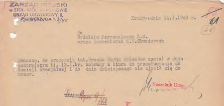 Z akt magistrackich pismo z 1948 r. sporządzone przez naczelnika Ferdynanda Mrozińskiego
w sprawie podległego pracownika, który został zabrany na przesłuchanie do Komisji Specjalnej
(Archiwum Zakładowe Urzędu Miasta Krakowa)