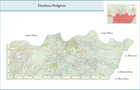 Dzielnica Podgórze według stanu z roku 1958 na przywołanym wcześniej planie miasta z 1964 r. – dzielnica obejmująca dawne
jednostki (dzielnice) katastralne: Piaski Wielkie, Kurdwanów, Jugowice, Borek Fałęcki, Kobierzyn, Skotniki, Kostrze, Bodzów,
Pychowice, Zakrzówek, Dębniki, Ludwinów, Łagiewniki, Podgórze, Wola Duchacka, Płaszów, Prokocim, Rybitwy, Bieżanów
i Rżąka. Opis przebiegu granic tej dzielnicy podano na s. 696.