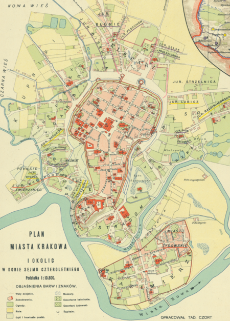 Plan miasta Krakowa i okolic w dobie Sejmu Czteroletniego z wyrysowanymi jurydykami
(Archiwum Narodowe w Krakowie, sygn. Zb. Kart. II-93)