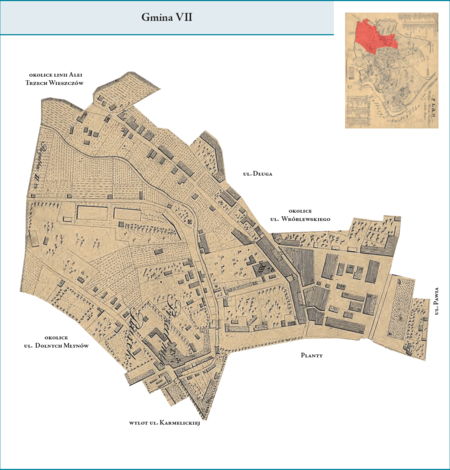 Gmina VII według stanu z roku 1816 na przywołanym wcześniej planie miasta z 1831 r. – odnosząc się do dzisiejszego stanu
i nazewnictwa: jej południowa granica przebiegała linią Plant od rejonu wylotu ul. Lubicz do wylotu ul. Karmelickiej, dalej fragmentem tej
ulicy, skręcając na północny zachód i biegnąc okolicami ulic Dolnych Młynów i Czarnowiejskiej, do ówczesnej linii okopów, to jest okolicy
obecnych Alei Trzech Wieszczów, dalej tą linią na północ, skręcając następnie na wschód do wylotu ul. Długiej i biegnąc tą ulicą
ku południu, do pl. Słowiańskiego, aby na tej wysokości skręcić na wschód, w okolicę ul. Wróblewskiego, osiągnąć ul. Pawią i tą ulicą dojść
do Plant w rejonie wylotu ul. Lubicz. Tym samym Gmina VII objęła tereny ówczesnego Przedmieścia Piasek i południową część Przedmieścia
Kleparz. Użyte tutaj i przy powyższym planie dzielnicy nazwy terenowe podano według nazewnictwa obowiązującego aktualnie.