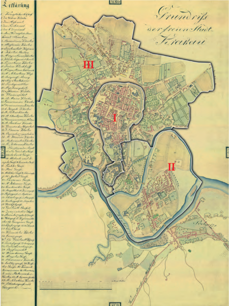 Podział Krakowa na 3 gminy według stanu z roku 1815, po odłączeniu Podgórza od Krakowa
– na planie Grundriss der freinen Stadt Krakau autorstwa Meno Passecka z ok. 1817 r.
Podstawa rysunku granic gmin: vide s. 108
(Muzeum Historyczne Miasta Krakowa, nr inw. Zb. Kart. 8.T.VIIIa)