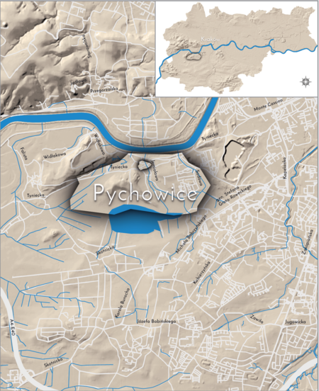 Orientacyjna lokalizacja dawnej wsi Pychowice w obecnych granicach Krakowa – na planie miasta oznaczono
jej położenie w kształcie wyznaczonym granicami jednostki katastralnej, jaką stanowiła, ze wskazaniem najstarszego,
historycznego centrum Pychowic w rejonie dzisiejszej ulicy Jemiołowej