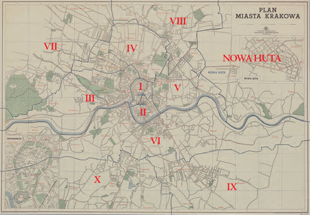 Podział Krakowa na 10 obwodów i 1 dzielnicę według stanu z roku 1951, po włączeniu do Krakowa wschodnich
terenów, gdzie utworzono Nową Hutę – na Planie Miasta Krakowa z 1957 r. Podstawa rysunku granic
obwodów i dzielnicy: vide s. 198
(Biblioteka Jagiellońska, sygn. M 41/42)