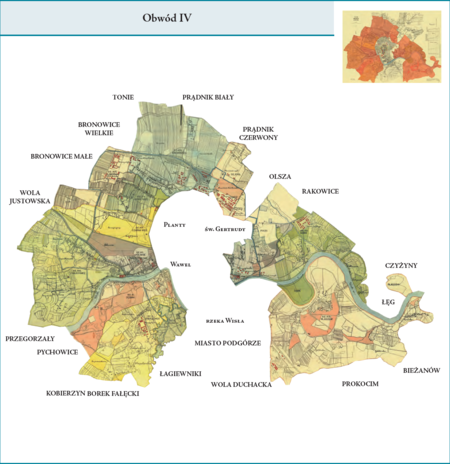 Obwód IV według stanu z lutego 1912 r. na przywołanym wcześniej planie miasta – na powierzchnię tej dzielnicy składała się
całość terenów przyłączonych do Krakowa w latach 1910–1912, to jest nowych – w granicach Krakowa – dzielnic katastralnych:
IX–Ludwinów, X–Zakrzówek z Kapelanką, XI–Dębniki z Rybakami, XII–Półwsie Zwierzynieckie, XIII–Zwierzyniec,
XIV–Czarna Wieś z Kawiorami, XV–Nowa Wieś Narodowa, XVI–Łobzów, XVII–Krowodrza, XVIII–Warszawskie,
XIX–Grzegórzki–Piaski, XX–Dąbie z Beszczem i Głębinowem oraz XXI–Płaszów. Tym samym do „domknięcia” granic
planowanego Wielkiego Krakowa brakowało jeszcze przyłączenia Podgórza, na co trzeba było poczekać do roku 1915.
Użyte przy powyższym planie dzielnicy nazwy terenowe podano według nazewnictwa obowiązującego aktualnie.