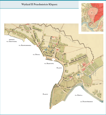 Wydział II Przedmieście Kleparz według stanu z roku 1794 na przywołanym wcześniej planie miasta z 1794 r.
Obejmował on północne i wschodnie tereny miasta przyłączone w 1792 r. (d. miasto Kleparz i d. jurydyki Błonie,
Pędzichów, Lubicz, Strzelnica, Radziwiłłowskie, Wesoła, Brzeg i in.). O ile można zakreślić granice południową
i zachodnią Wydziału II, to granice północna i wschodnia muszą tu pozostać otwarte – prawna stabilizacja
przynależności terenów przyłączonych nastąpiła dopiero w 1802 r. Użyte przy powyższym planie dzielnicy nazwy
terenowe podano według nazewnictwa obowiązującego aktualnie.