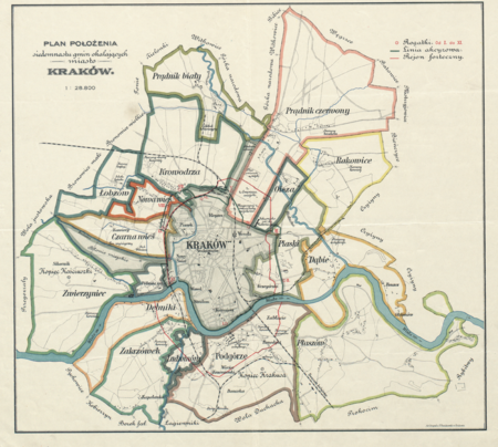 Plan położenia gmin okalających Kraków według stanu na 1905 rok: do Wielkiego Krakowa nie weszły Rakowice,
a z Prądnika Białego i Prądnika Czerwonego tylko fragmenty ich terytoriów –
te trzy gminy funkcjonowały samodzielnie do 1941 roku, kiedy to zostały objęte granicami Krakowa
(Archiwum Narodowe w Krakowie, Kataster Galicyjski, sygn. KPK 95)