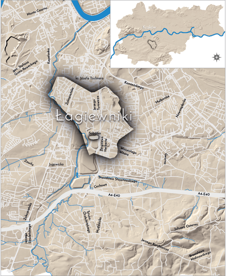 Orientacyjna lokalizacja dawnej wsi Łagiewniki w obecnych granicach Krakowa – na planie miasta oznaczono
jej położenie w kształcie wyznaczonym granicami jednostki katastralnej, jaką stanowiła, ze wskazaniem
najstarszego, historycznego centrum Łagiewnik w rejonie dzisiejszych ulic Myślenickiej i Sobótka