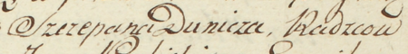 Z księgi rachunkowej miasta Kazimierza obejmującej dochody i wydatki w latach 1794–1795: wpis z 1794 roku,
w którym władze miasta, z rajcą Szczepanem Duniczem w składzie, stwierdzają dochód w postaci pożyczki zaciągniętej
u Tomasza Raczyńskiego, pisarza wielkorządowego – oraz zbliżenie zapisu imienia i urzędu
(Archiwum Narodowe w Krakowie, sygn. K 690, s. 4)