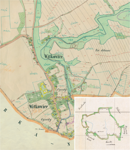 Centrum Witkowic na mapie katastralnej sporządzonej dla gminy katastralnej Witkowice w 1850 roku oraz pochodzący
z lat 1847–1848 plan sytuacyjny z wyrysowanymi granicami gminy Witkowice i lokalizacją gmin sąsiadujących
(Archiwum Narodowe w Krakowie, sygn. K. Krak. 668 III, V; sygn. WM 563a, nlb.)