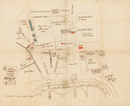 Plan Kleparza z 1744 roku, wyrysowany przez krakowskiego mistrza budowniczego Dominika Pucka (w przerysie – z tek Żegoty Paulego).
Zaznaczony po stronie wschodniej „Grunt Biskupi” to jurydyka Biskupie, na północnym wschodzie „Grunta szpitalne S. Ducha” to jurydyka Błonie,
od strony północnej „Pędzichów do XX. Zamkowych należący” to jurydyka Pędzichów oraz na północ i północny wschód „Grunta XX. do Kościoła
S. Floriana” to jurydyka Szlak, to jest proboszczowska św. Floriana. Nad znajdującym się naprzeciwko Barbakanu targowiskiem zaznaczony ratusz,
wyrysowane ulice: Długa (kończyła się na wysokości kościoła św. Krzyża, dzisiejszy pl. Słowiański), nieistniejąca już ul. św. św. Filipa i Jakuba,
następnie Krowia (dzisiejsza św. Filipa) i Szlak (dzisiejsza Warszawska). Dzisiejszą ul. Szlak w północnej części oznaczono jako „między Pędzichowem
a Pałacem”, natomiast nie zaznaczono dzisiejszej ul. Pędzichów, biegnącej na wschód od kościoła św. Krzyża, między gruntami kleparskimi
a gruntami Pędzichowa. Kolorem czerwonym wyróżniono kościoły, kolorem niebieskim zbiorniki wód opadowych, zwane tu „kałużami”
(Biblioteka Jagiellońska, sygn. rkps 5447, nr 5)