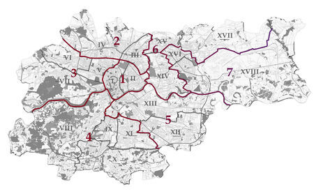 Na schematycznym planie Krakowa z zaznaczonymi dzielnicami
samorządowymi (oznaczenia cyframi rzymskimi) naniesiono podział
miasta na okręgi wyborcze ustanowione w celu przeprowadzenia
wyborów do Rady Miasta Krakowa 17 października 2002 roku
(oznaczenia cyframi arabskimi) – patrz także zestawienie okręgów
wyborczych w tabeli poniżej.
W roku 2002 Kraków zajmował 326,8 km²
i liczył 757 547 mieszkańców.
Według danych Państwowej Komisji Wyborczej uprawnionych
do głosowania było wówczas 576 909 mieszkańców miasta, w wyborach
wzięło udział 202 671 osób, co stanowiło 35,13% uprawnionych
(frekwencja wyborcza w skali kraju wyniosła 44,23%).